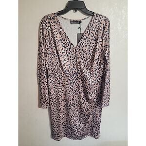 Allegra K Cross Front Chest Long Sleeve Dress Leopard Print sz XLarge Mid-Length